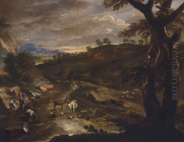 A Hilly Landscape With Figures, Cattle And Sheep On A Pathway Oil Painting by Domenico Brandi