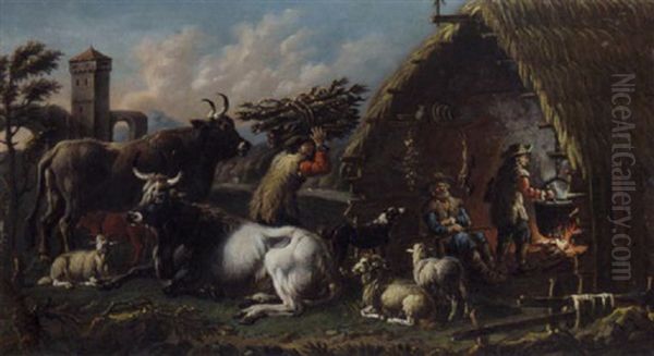 Cattle, Goats, Neitherd And A Faggot Gatherer By A Barn, A Landscape Beyond Oil Painting by Domenico Brandi