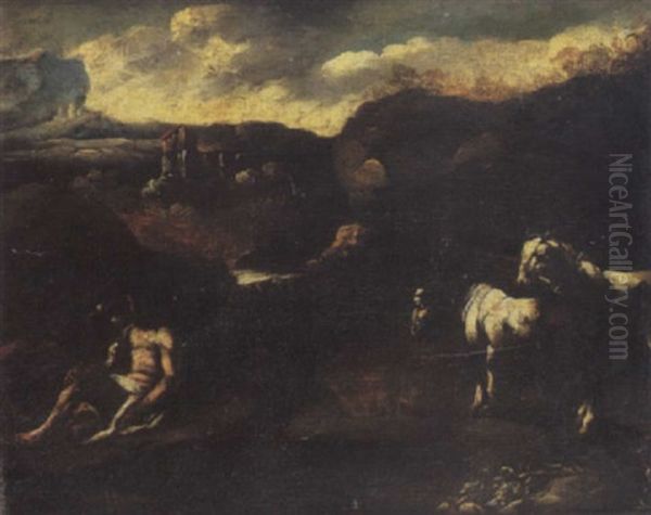 A Shepherd And His Livestock Resting In A Rocky Landscape Oil Painting by Domenico Brandi