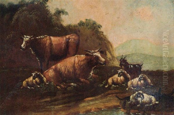 A Shepherd Resting With His Sheep And Cattle By A Stream Oil Painting by Domenico Brandi