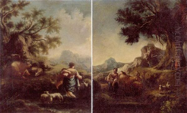 Wooded Landscape With Peasants And Their Livestock Oil Painting by Domenico Brandi