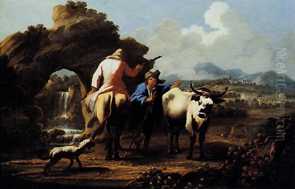 Scena Bucolica Con Due Personaggi In Ampio Paesaggio Con Cascata E Animali Oil Painting by Domenico Brandi