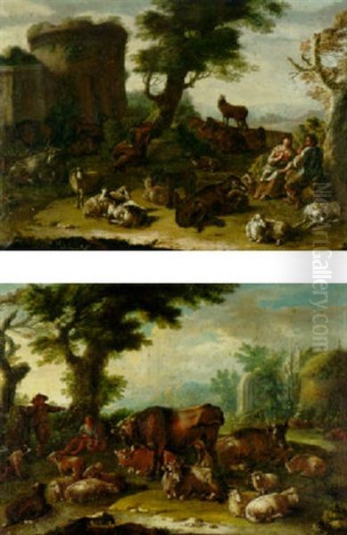 Cows, Sheep And Other Farm Animals Resting In A Landscape, With A Courting Couple And A Sleeping Shepherd, A Ruin Beyond Oil Painting by Domenico Brandi