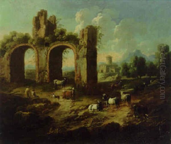 An Italianate Landscape With Cattle And Drovers Resting By A Ruin Oil Painting by Domenico Brandi