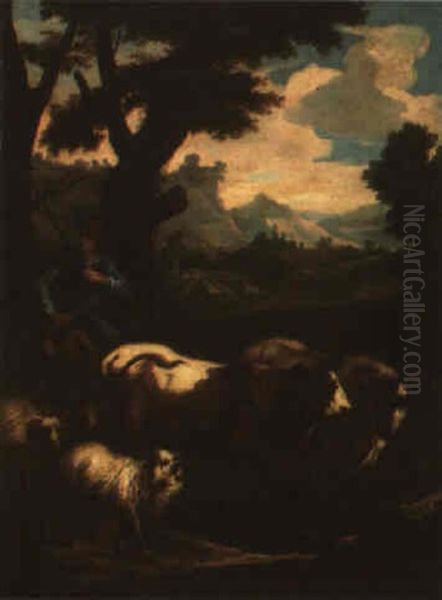 Landscape With A Drover With Cattle And Sheep Oil Painting by Domenico Brandi