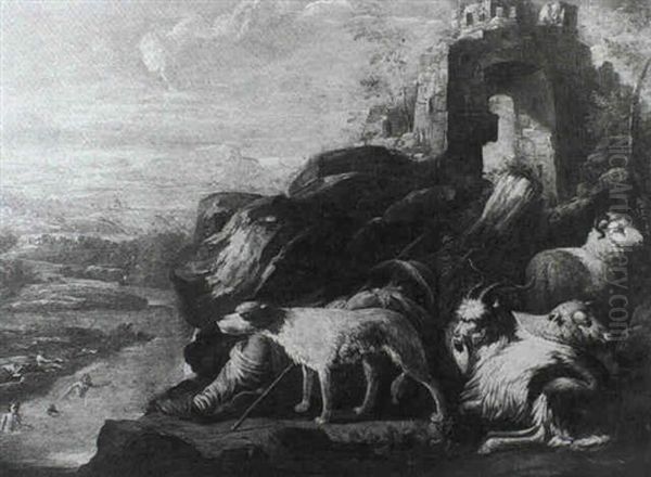 An Extensive River Landscape With A Shepherd Asleep With    His Herd And Dog On A Rocky Slope Overlooking Figures Oil Painting by Domenico Brandi