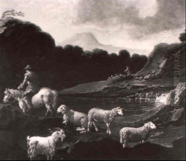 An Italianate Landscape With A Shepherd, Sheep And A Goat By A Rocky Pool Oil Painting by Domenico Brandi