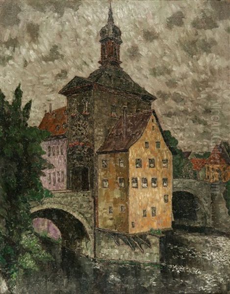 Blick Auf Das Alte Rathaus In Bamberg Oil Painting by August Von Brandis