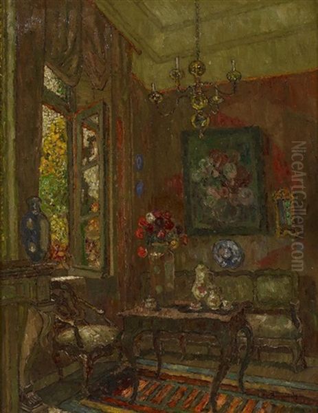 Saloninterieur (+ Sommergarten (study), Verso) Oil Painting by August Von Brandis