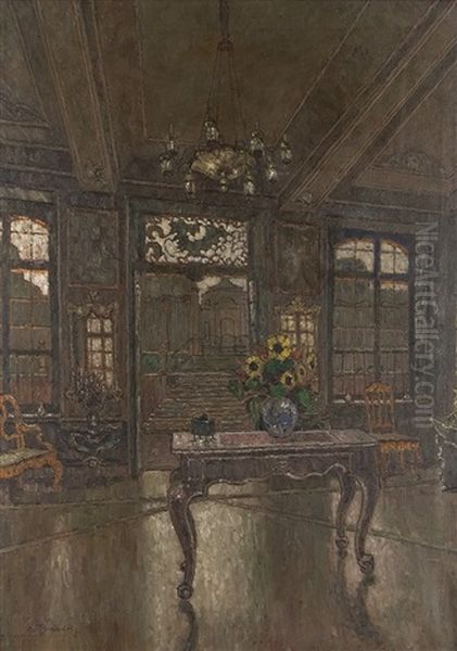 Hofisches Interieur Mit Geoffnetem Glasportal Oil Painting by August Von Brandis