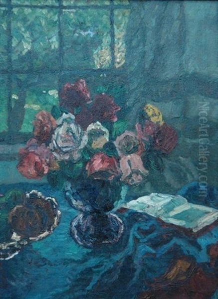 Interieur. Ein Straus Rosen In Einer Blauen Vase Auf Dem Salontisch Oil Painting by August Von Brandis