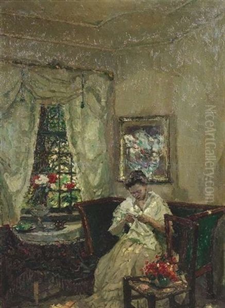 Saloninterieur Mit Einer Dame Auf Einem Sofa Oil Painting by August Von Brandis