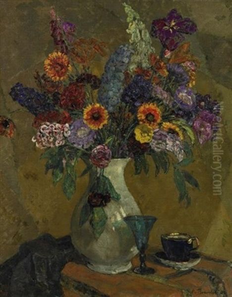 Stilleben Mit Sommerblumen In Vase Sowie Trinkgefasen, Auf Einem Tisch Drappiert Oil Painting by August Von Brandis