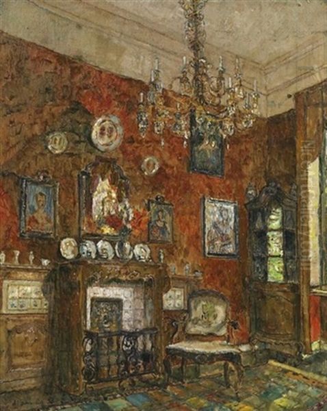 Schlos Schonau Bei Aachen. Blick In Das Rote Zimmer Oil Painting by August Von Brandis