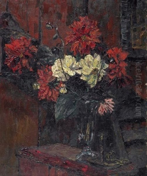 Stilleben Mit Dahlien In Einer Glasvase Oil Painting by August Von Brandis