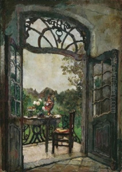 Im Kaldenkirchener Gartenhaus. Blick Uber Die Veranda Auf Den Sommerlichen Garten Oil Painting by August Von Brandis