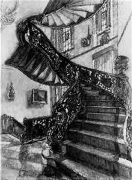 Die Treppe Im Roten Haus Zu Monschau Oil Painting by August Von Brandis