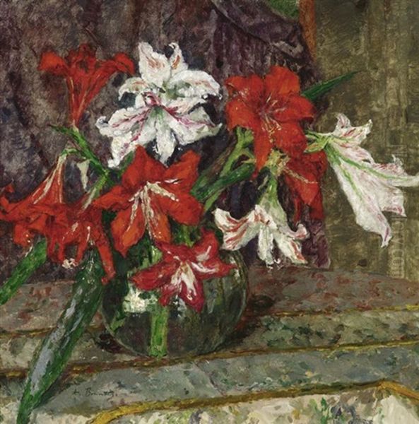 Blumenstilleben Mit Roten Und Weisen Lilien In Einer Bauchigen Glasvase Oil Painting by August Von Brandis