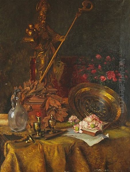 Still-life With The Statue, Book And Flowers Oil Painting by Marie Olga Brand-Krieghammer