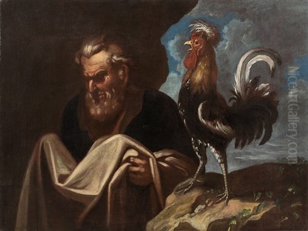 Peter With Cock Oil Painting by Petr Brandl