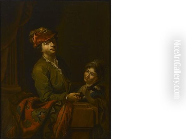 Two Figures At A Balustrade, One Holding A Lute Oil Painting by Petr Brandl