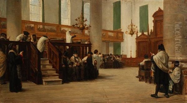 La Priere De Kippour Dans La Synagogue Portugaise D'amsterdam Oil Painting by Jacques Emile Edouard Brandon