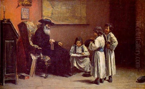 Rabbi With Children Oil Painting by Jacques Emile Edouard Brandon