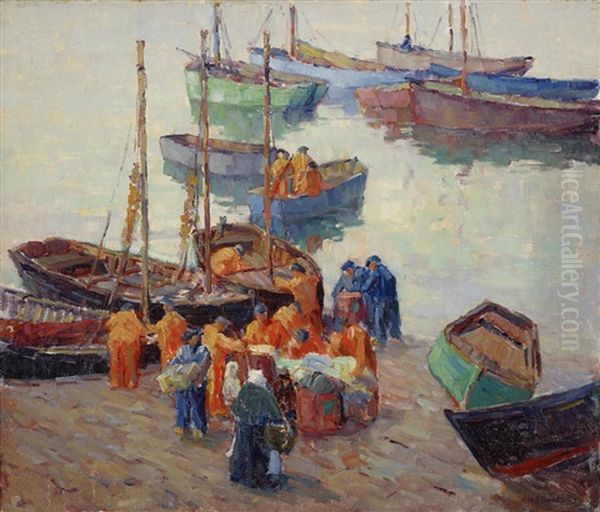 Fishermen On The Dock Oil Painting by George Kennedy Brandriff