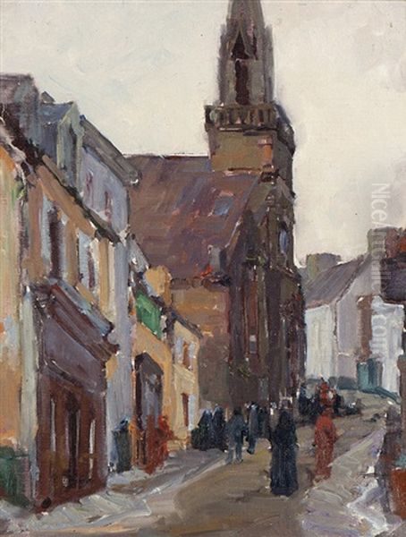 Douarnenez, France, Church And Street Oil Painting by George Kennedy Brandriff