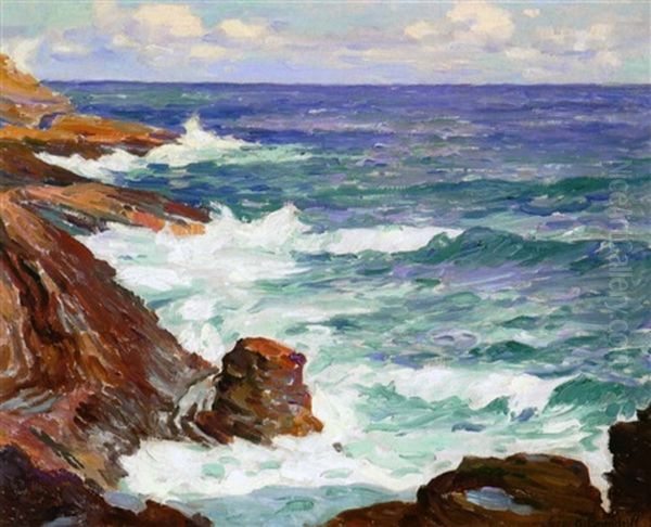 Waves Breaking On A Rocky Coast Oil Painting by George Kennedy Brandriff