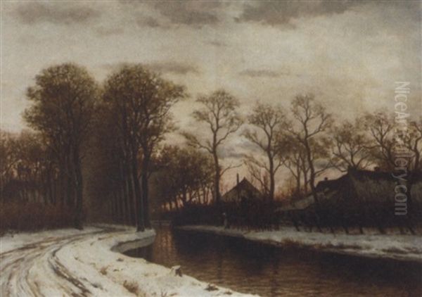 By A River At Dusk Oil Painting by Johannes Lodewick Brands