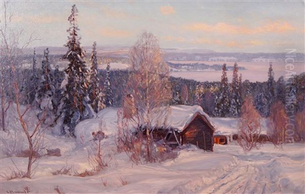 Vinterlandskap Med Stugor Oil Painting by Carl Brandt