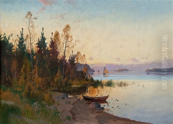 Lake At Sunset Oil Painting by Carl Brandt