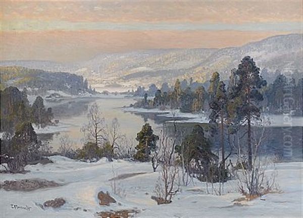 Solbelyst Vinterlandskap Oil Painting by Carl Brandt