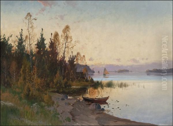 Auringonlasku Jarvella (sunset At The Lake) Oil Painting by Carl Brandt