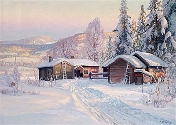 Soligt Vinterlandskap Oil Painting by Carl Brandt