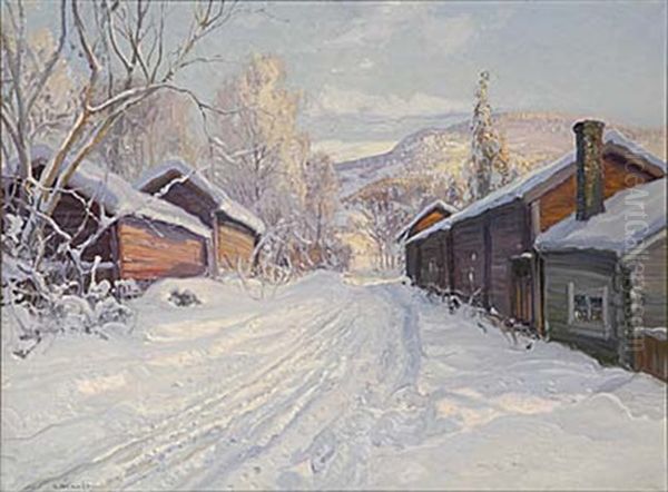 Vinterlandskap Med Roda Timmerstugor Oil Painting by Carl Brandt