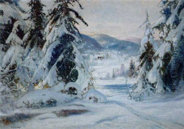 Vinterlandskap Med Stuga Pa Sluttning Oil Painting by Carl Brandt