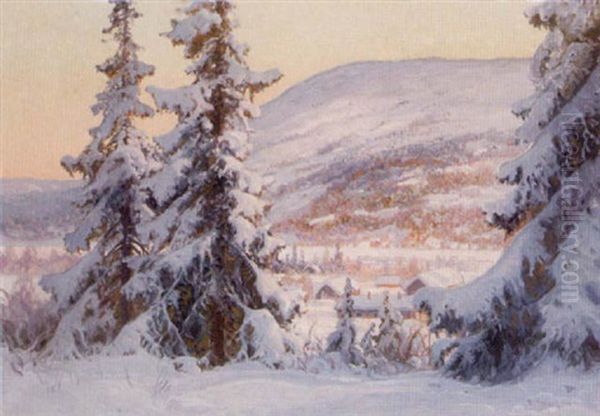 Solbelysta Stugor I Vinterlandskap Oil Painting by Carl Brandt