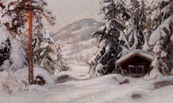 Soligt Vintelandskap Med Stuga Vid Snotyngda Granar Oil Painting by Carl Brandt