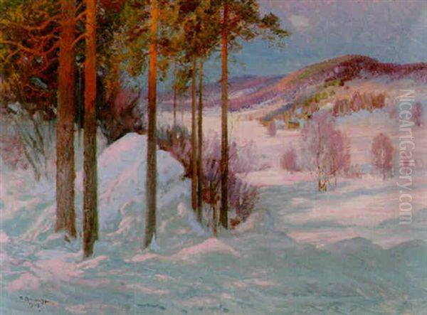 Solbelyst Vinterlandskap Oil Painting by Carl Brandt