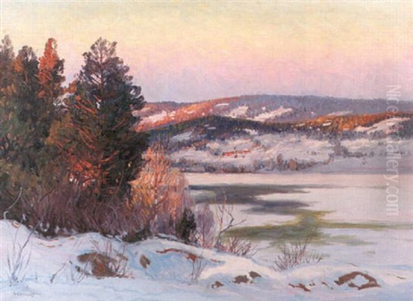 Solbelyst Vinterlandskap Oil Painting by Carl Brandt