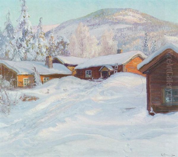 Norrlandskt Landskap Med Gard - Solig Vinterdag Oil Painting by Carl Brandt