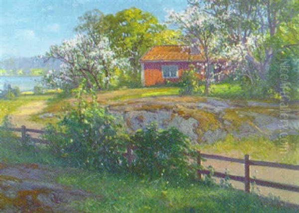 Sommarlandskap Med Rod Stuga Och Blommande Frukttrad Oil Painting by Carl Brandt