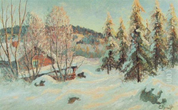 Vinterlandskap Med Rod Stuga Oil Painting by Carl Brandt