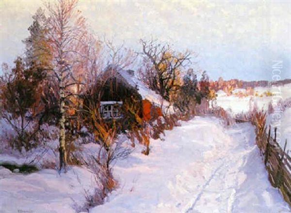 Solbelyst Vinterlandskap Oil Painting by Carl Brandt