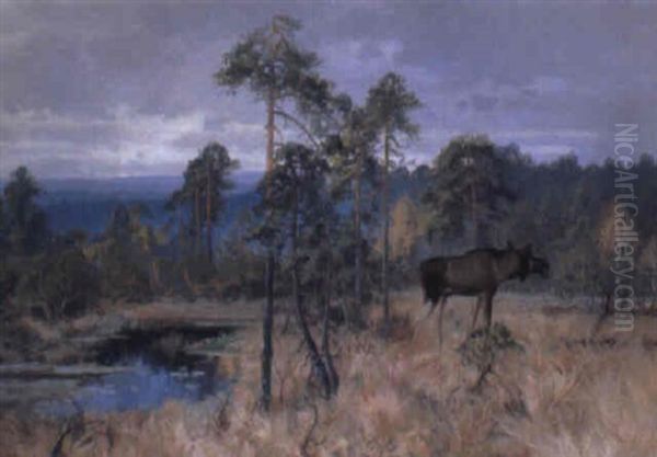 Skogslandskap Med Alg Vid Vattendrag Oil Painting by Carl Brandt