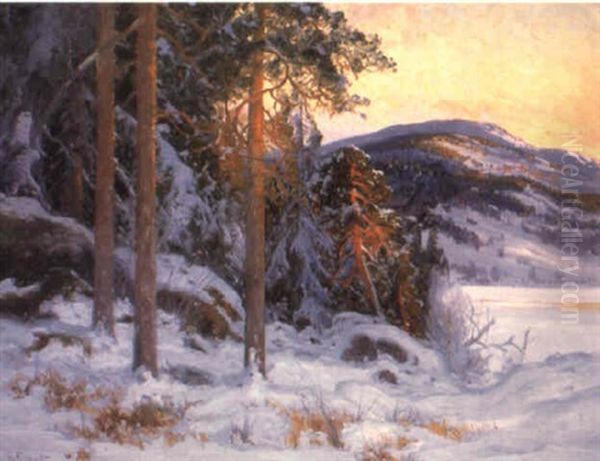 Vinterlandskap I Skymning Oil Painting by Carl Brandt