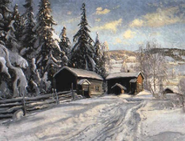 Solig Vinterdag Vid Skogstorpet Oil Painting by Carl Brandt