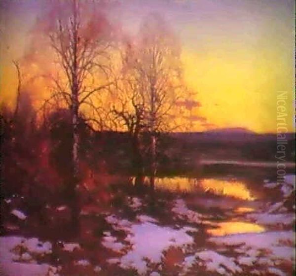 Winter Landscape At Sunset Oil Painting by Carl Brandt